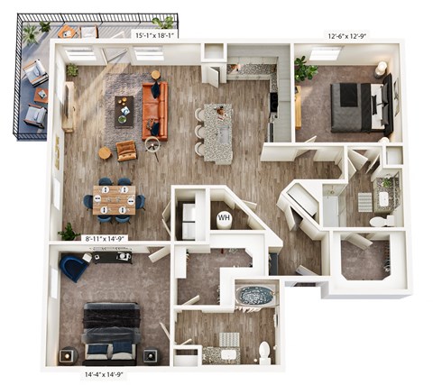 Floor plan for 2 beds, 2 baths, 1468 sqft